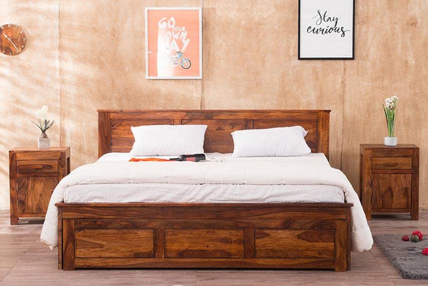 GHROYAL Sheesham Wood Queen Size Bed with Hydraulic Storage for Bedroom Living Room Home Hotel Furniture Wooden Double Bed Cot Palang for Guest Room (Honey Finish)| 1 Year Warranty