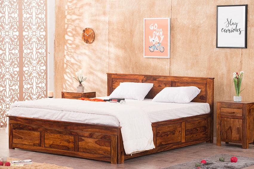 GHROYAL Sheesham Wood Queen Size Bed with Hydraulic Storage for Bedroom Living Room Home Hotel Furniture Wooden Double Bed Cot Palang for Guest Room (Honey Finish)| 1 Year Warranty