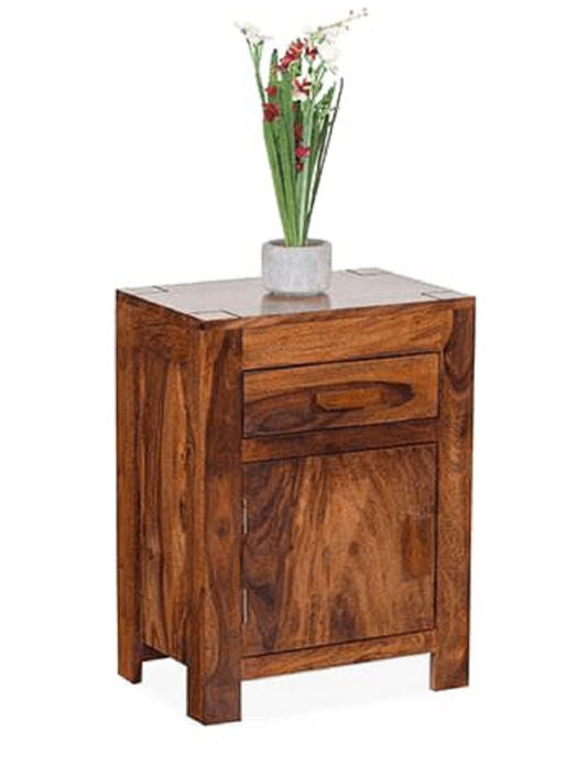 Sheesham Wood Bedside Table with One Drawer and Cabinet Storage