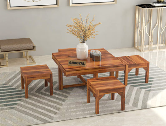 Sheesham Wood Coffee Table with 4 Stools