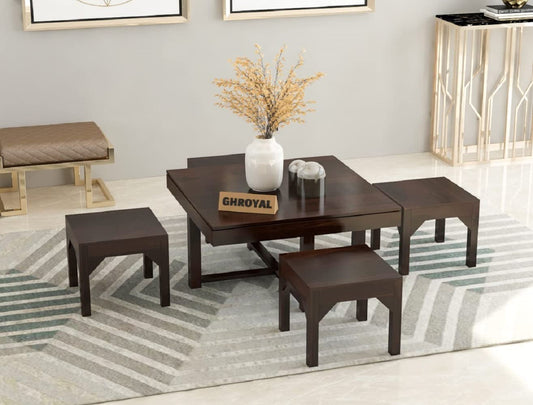 Sheesham Wood Coffee Table with 4 Stools