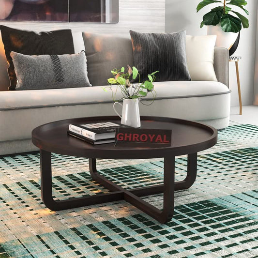 GHROYAL Sheesham Wood Round Center Coffee Table Wooden Teapoy Tea Cocktail Tables for Living Room Bedroom Home (Walnut Finish)