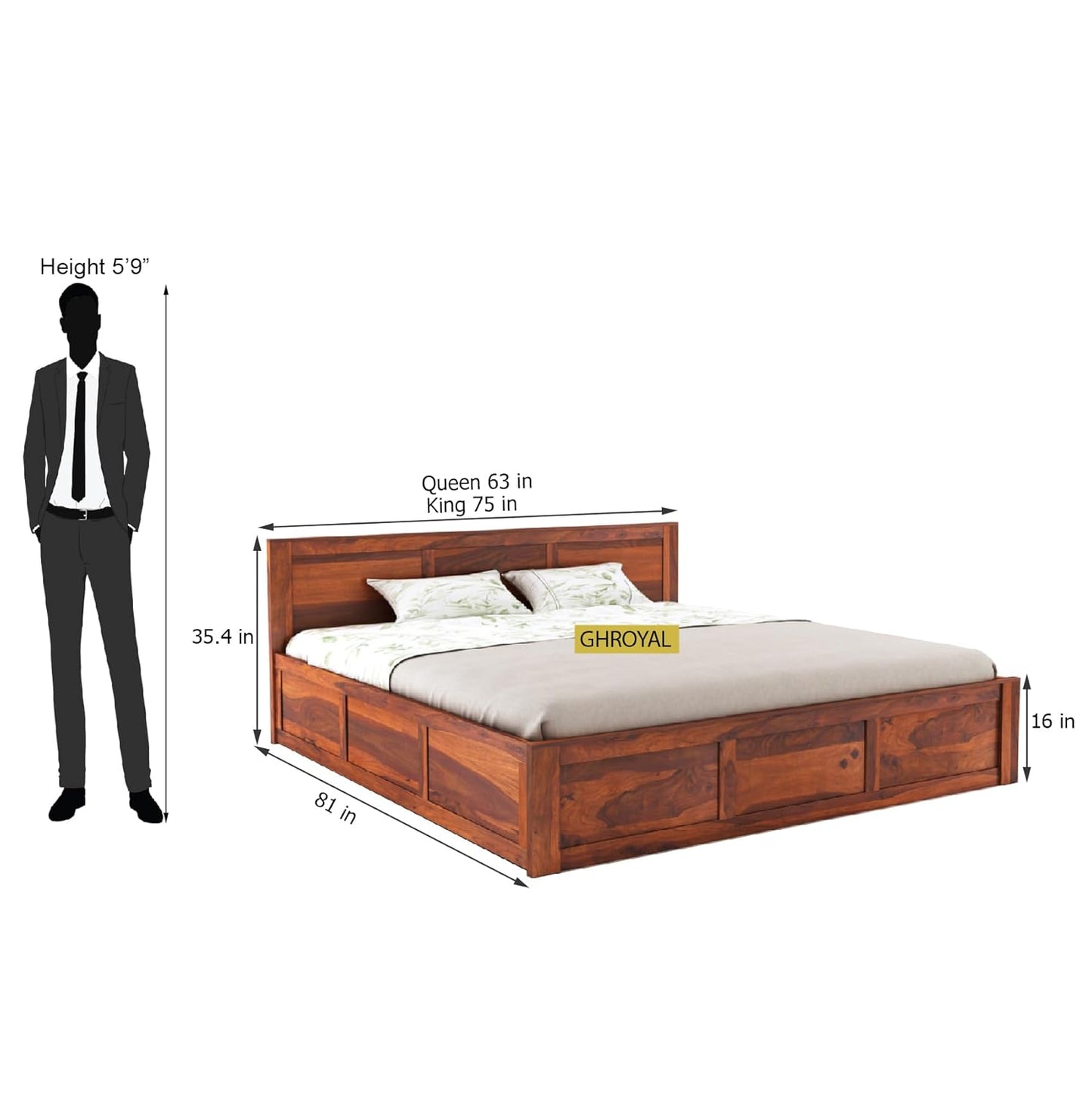 GHROYAL Sheesham Wood Queen Size Bed with Box Storage for Bedroom Living Room Home Hotel Wooden Double Bed Cot Palang Furniture (Honey Finish)|1 Year Warranty