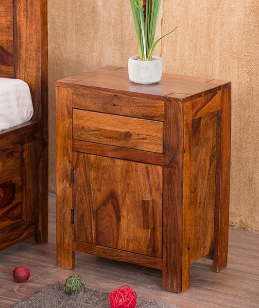 Sheesham Wood Bedside Table with One Drawer and Cabinet Storage