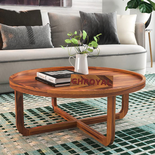 GHROYAL Sheesham Wood Round Center Coffee Table Wooden Teapoy Tea Cocktail Tables for Living Room Bedroom Home (Walnut Finish)