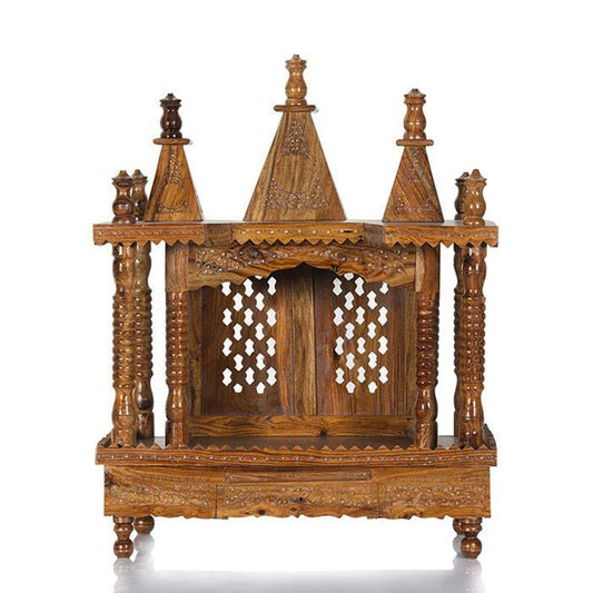 SAVITRIDECOR Solid Sheesham Wood Wall Mount Temple Wooden Mandir DevSVar Mandapam Pooja SVar for Home Office Shop (Honey Finish)