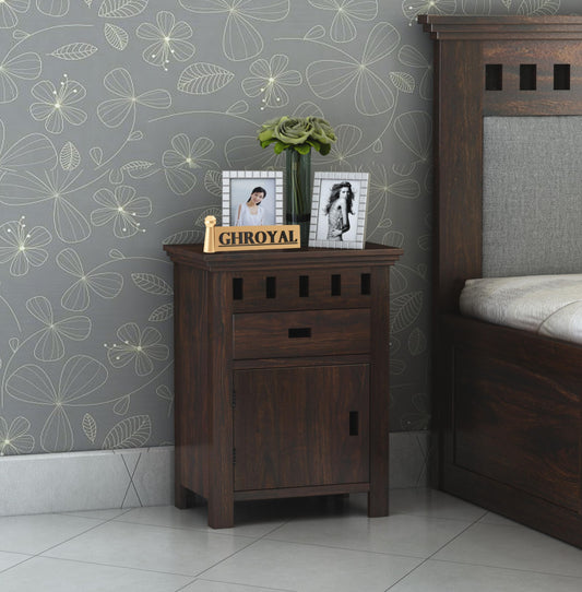 Sheesham Wood Bedside Table with One Drawer and Cabinet Storage