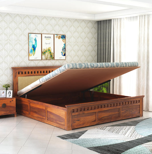 SAVITRIDECOR Sheesham Wood King Size Bed Home Wooden Double Bed Cot Palang for Living Room and Hotels (Cream Gaddi Honey HYD)