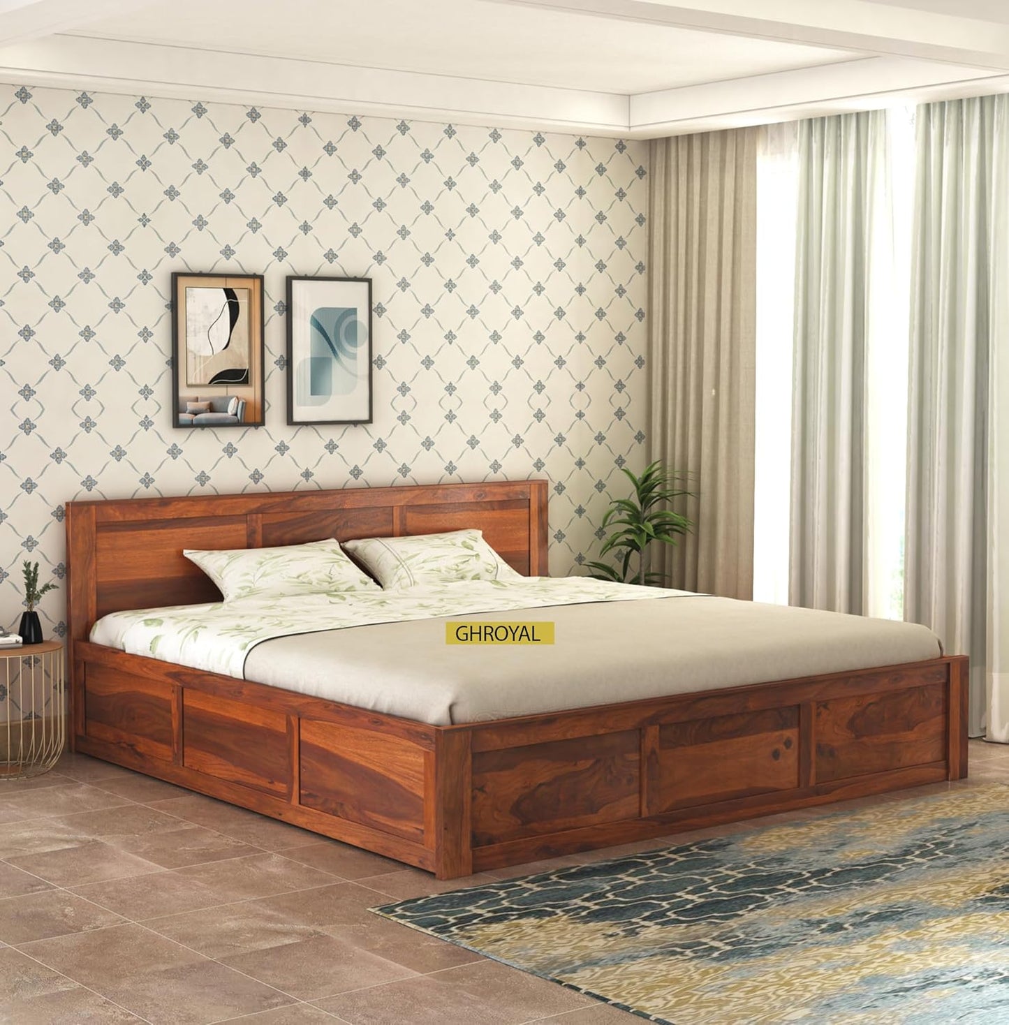 GHROYAL Sheesham Wood Queen Size Bed with Box Storage for Bedroom Living Room Home Hotel Wooden Double Bed Cot Palang Furniture (Honey Finish)|1 Year Warranty