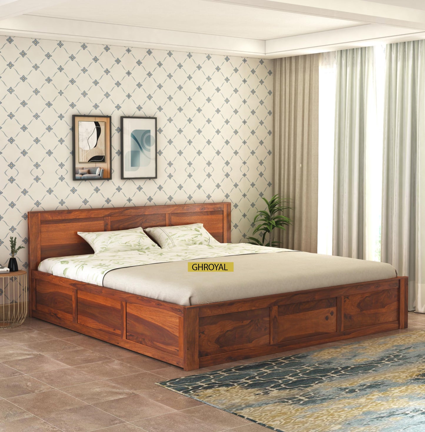 GHROYAL Sheesham Wood Queen Size Bed with Hydraulic Storage for Bedroom Living Room Home Hotel Furniture Wooden Double Bed Cot Palang for Guest Room (Honey Finish)| 1 Year Warranty