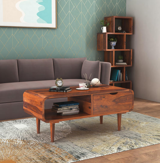 Sheesham Wood Coffee Table with Shelf and Drawer Storage