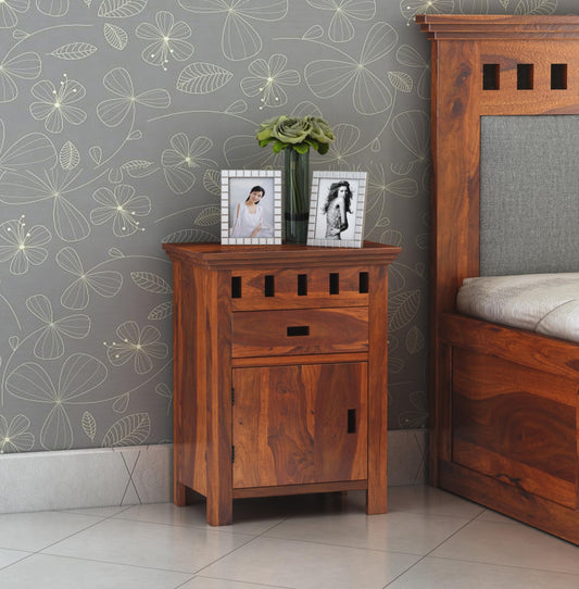 Sheesham Wood Bedside Table with One Drawer and Cabinet Storage